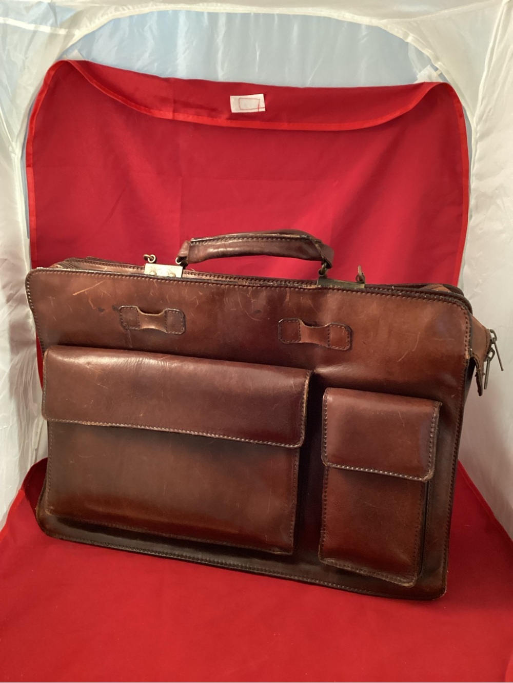 Men's Leather Briefcase with Front Utility Pockets - Brown